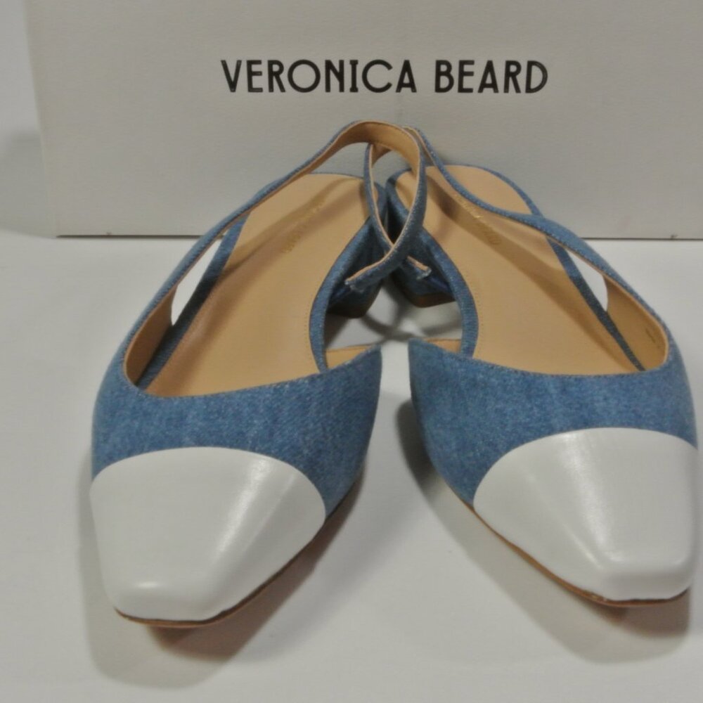 VERONICA BEARD Cecile leather-trimmed denim slingback flats Sandals 7 NIB 350 - Picture 13 of 15
